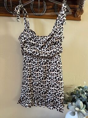 Leopard Print Tie-Shoulder Mini Dress in Black, Cream, Brown